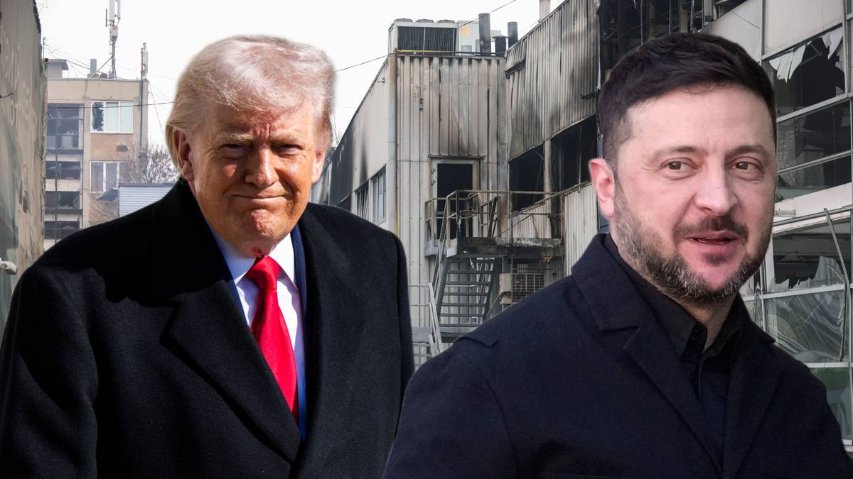 Donald Trump i Wołodymyr Zełenski na tle zniszczonych budynk&oacute;w.