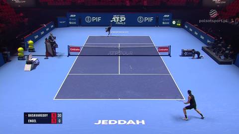 Dw&oacute;ch tenisist&oacute;w grających mecz na niebieskim korcie tenisowym. Na dole po prawej gracz w czarnej koszulce i spodenkach, gotowy do odbicia piłki. Na dole po lewej wyświetla się tablica wynik&oacute;w: BASAVREDDY 0, ENGEL 0.
