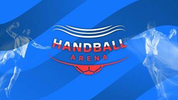 Grafika z napisem "HANDBALL ARENA" na niebieskim tle, przedstawiająca sylwetki dw&oacute;ch piłkarzy ręcznych