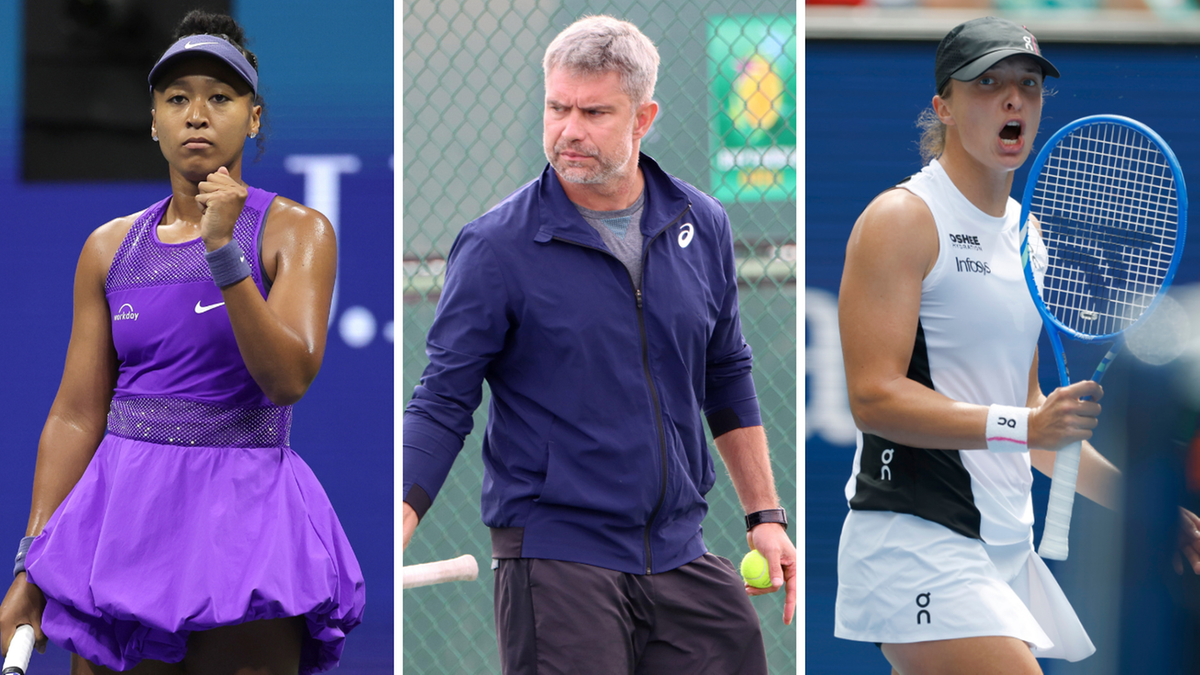 Trzy panele: po lewej tenisistka Iga Świątek w fioletowej sukience i czapce z daszkiem, pośrodku jej były trener Piotr Sierzputowski, a po prawej inna tenisistka, Naomi Osaka, w białej stylizacji.