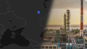 Mapa Europy Wschodniej z zaznaczonym punktem w obwodzie saratowskim oraz zdjęcie rafinerii przemysłowej.
