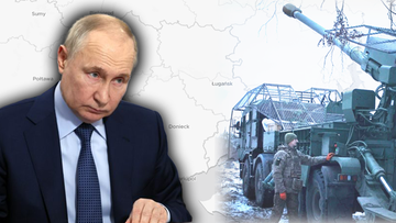 Portret Władimira Putina obok mapy Ukrainy z zaznaczonym Donbasem oraz zdjęcie artyleryjskiego działa samobieżnego z żołnierzem.