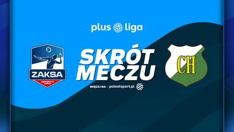 Grafika zapowiadająca skr&oacute;t meczu siatk&oacute;wki pomiędzy ZAKSA Kędzierzyn-Koźle a InPost ChKS Chełm. Widoczne logotypy obu drużyn oraz napis "SKR&Oacute;T MECZU".