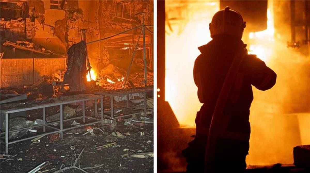 Zniszczenia po ataku rakietowym i strażak w akcji.