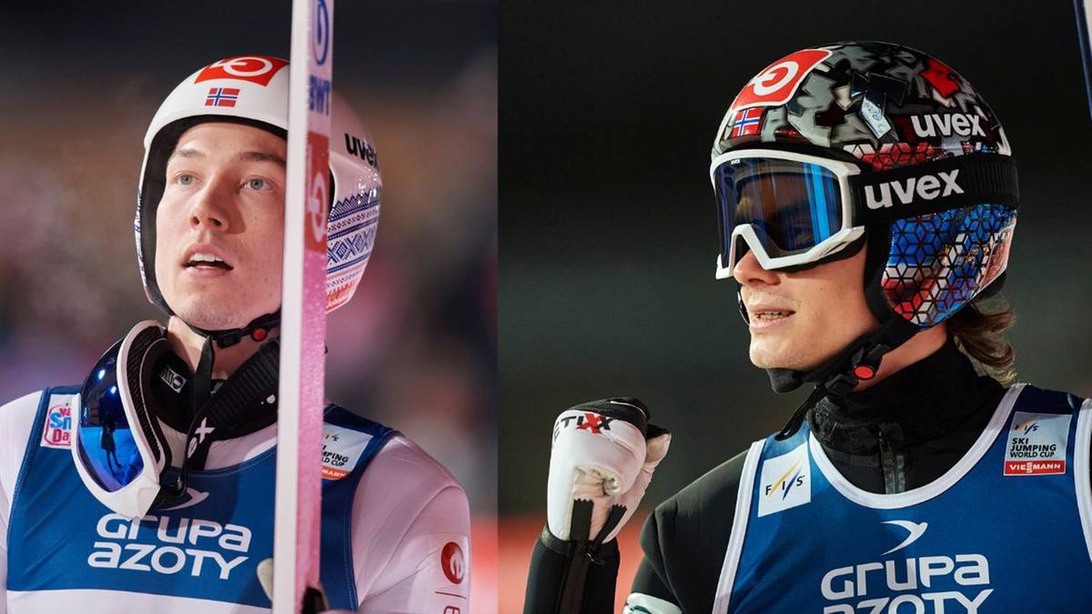 Dwóch norweskich skoczków narciarskich w kaskach i strojach sportowych.