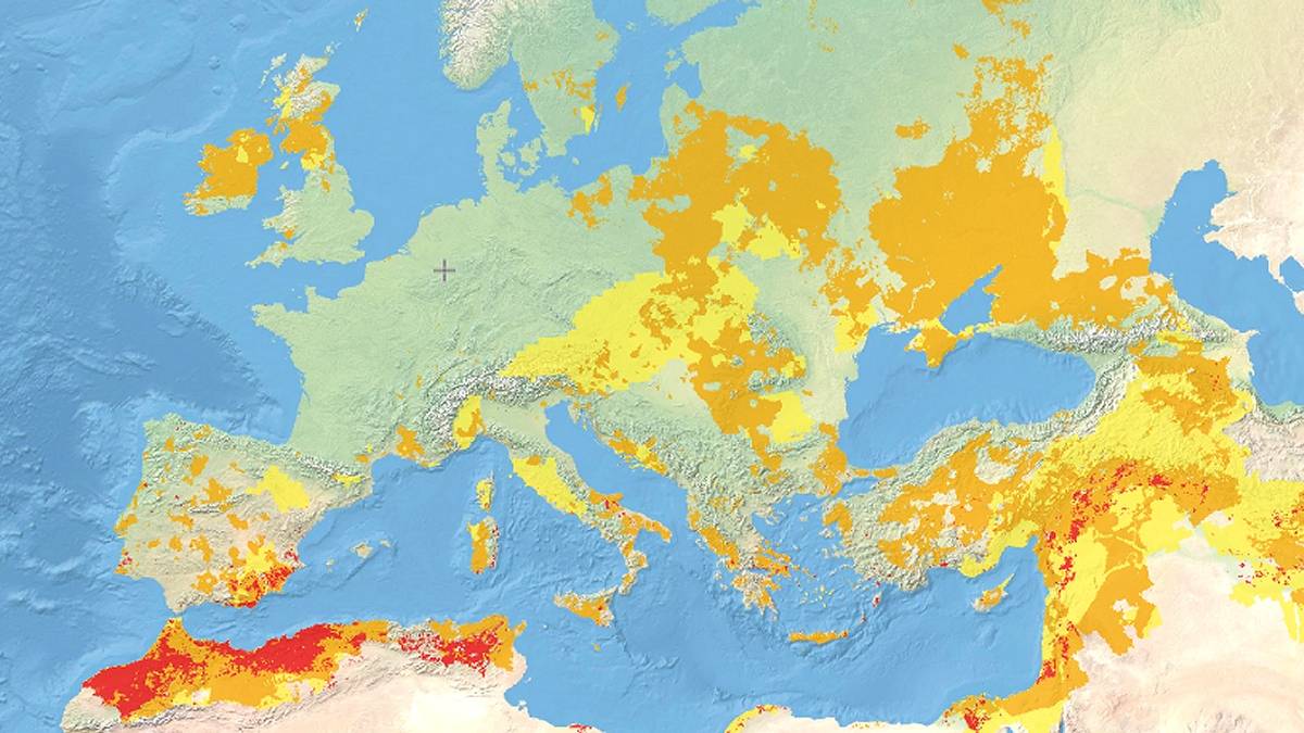 Skala suszy w Europie. Kolor żółty, pomarańczowy, czerwony. Fot. EDID.