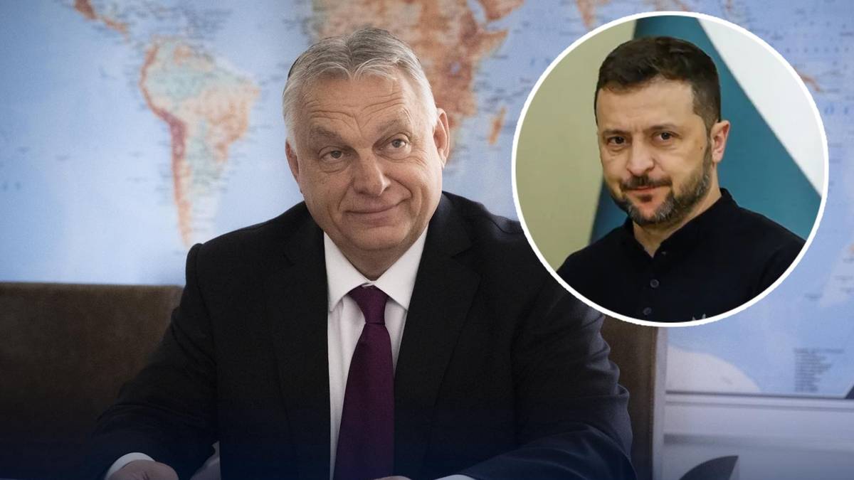 Zdjęcie przedstawia premiera Węgier Viktora Orbana siedzącego za stołem, a w prawym g&oacute;rnym rogu umieszczono portret prezydenta Ukrainy Wołodymyra Zełenskiego.