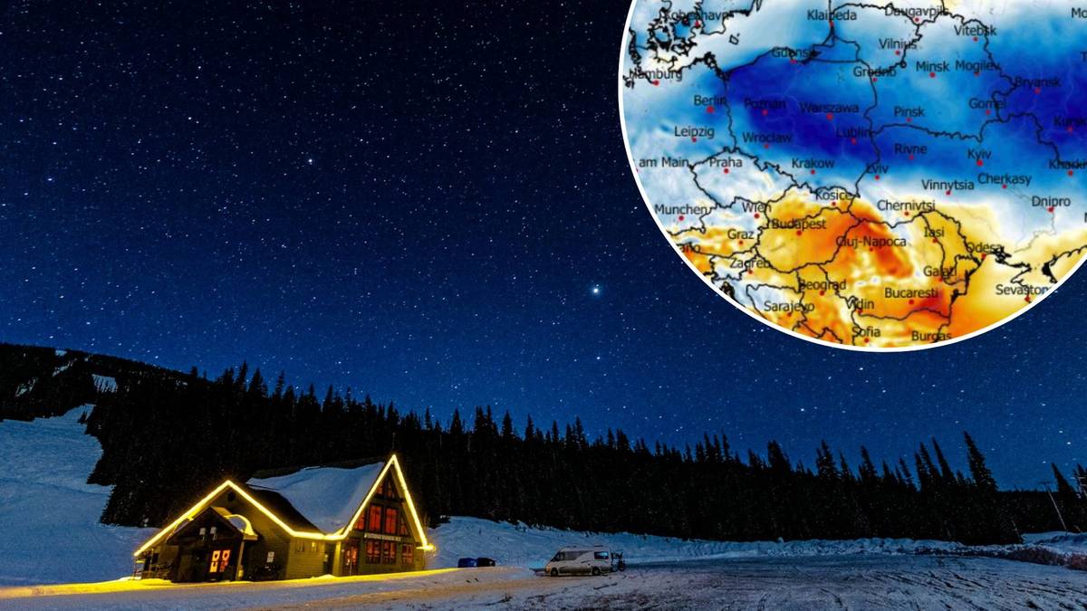 Nocny krajobraz zimowy z oświetloną chatką i mapą pogody pokazującą niskie temperatury w Polsce.