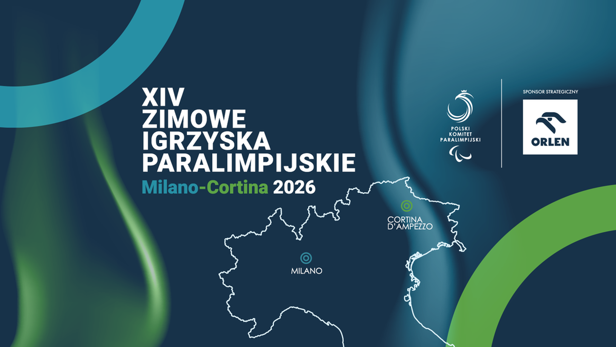 Grafika promocyjna XIV Zimowych Igrzysk Paralimpijskich Milano-Cortina 2026 z logo igrzysk, Polskiego Komitetu Paraolimpijskiego i sponsora ORLEN.