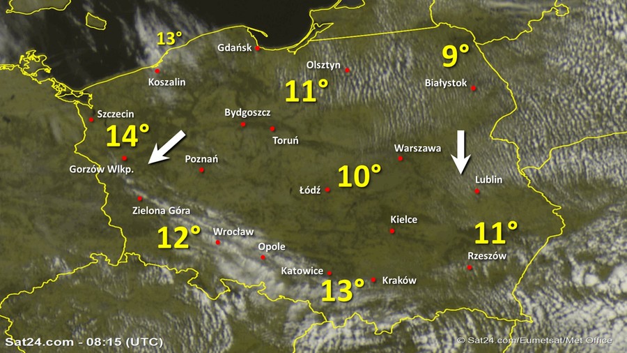 Zdjęcie satelitarne Polski w dniu 21 maja 2020 o godzinie 10:30. Dane: Sat24.com / Eumetsat.