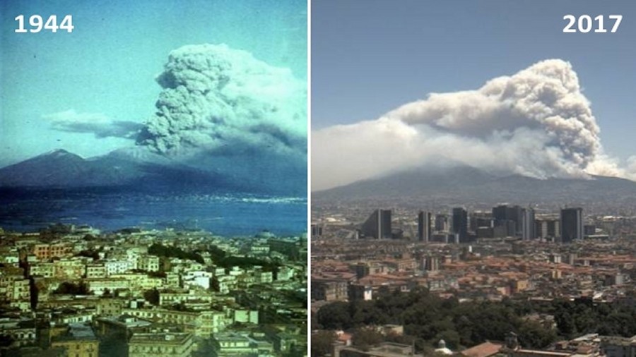 Porównanie Wezuwiusza z 1944 (po lewej) i w 2017 roku (po prawej). Fot. Twitter / @3BMeteo.