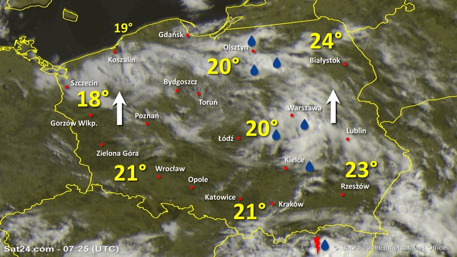 Zdjęcie satelitarne Polski w dniu 27 czerwca 2020 o godzinie 9:25. Dane: Sat24.com / Eumetsat.