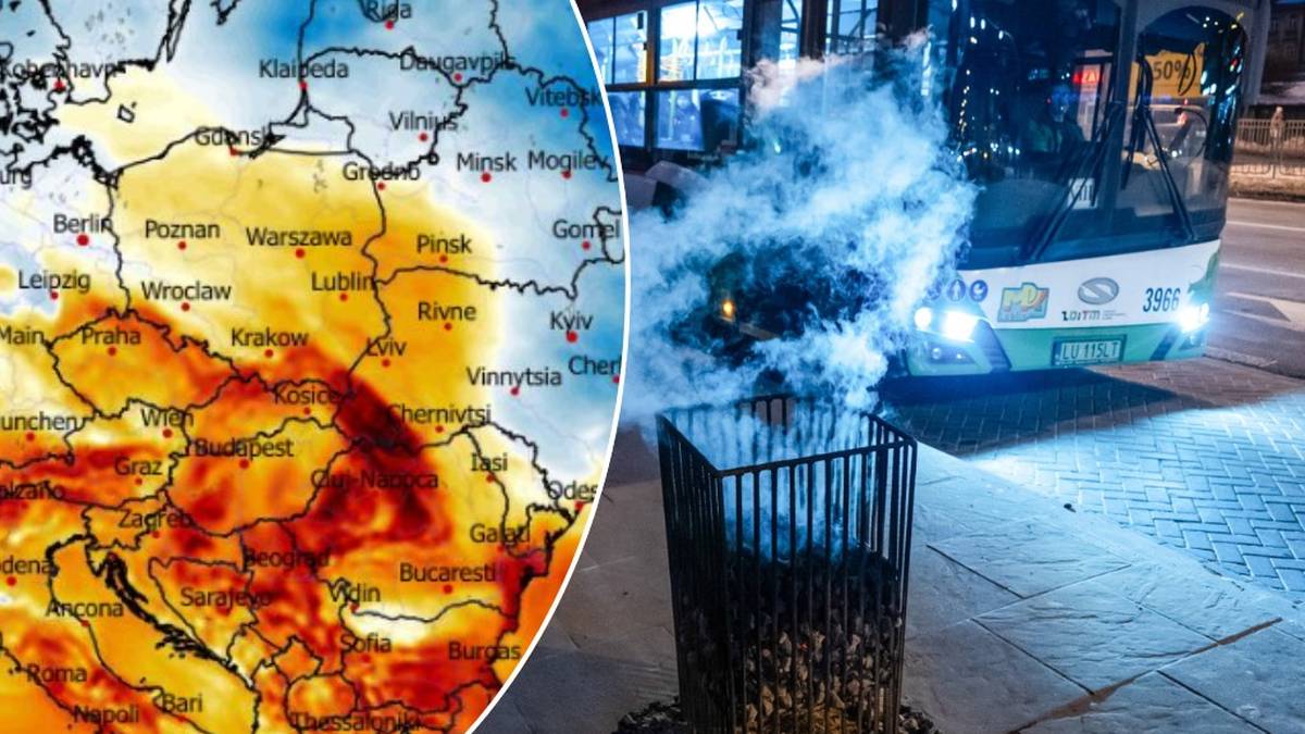 Mapa synoptyczna Polski z zaznaczonymi obszarami ocieplenia oraz zdjęcie pary wodnej unoszącej się z ulicznej kratki ściekowej.