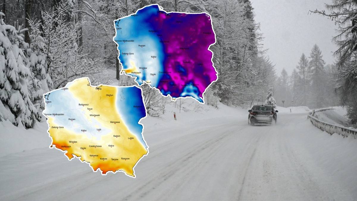 Mapa Polski z zaznaczonym rozkładem temperatur, nałożona na zdjęcie zimowej drogi.
