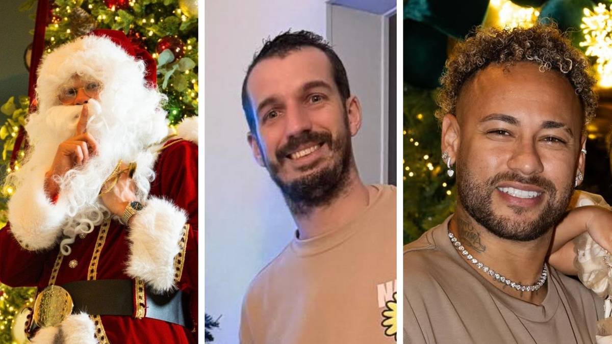 Trzy portrety: Mikołaj proszący o ciszę, uśmiechnięty mężczyzna z zarostem i uśmiechnięty Neymar Jr.