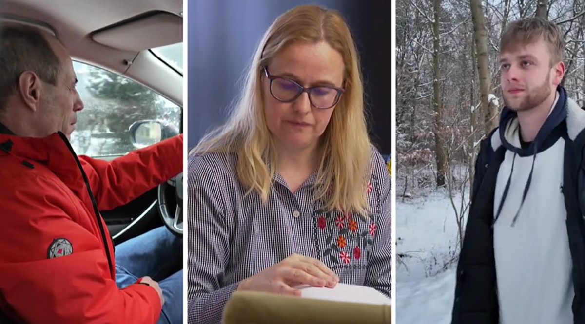 Trzy panele przedstawiające osoby poszkodowane w oszustwach związanych z zakupem samochod&oacute;w: mężczyzna za kierownicą, kobieta przeglądająca dokumenty, młody mężczyzna w zimowym otoczeniu.