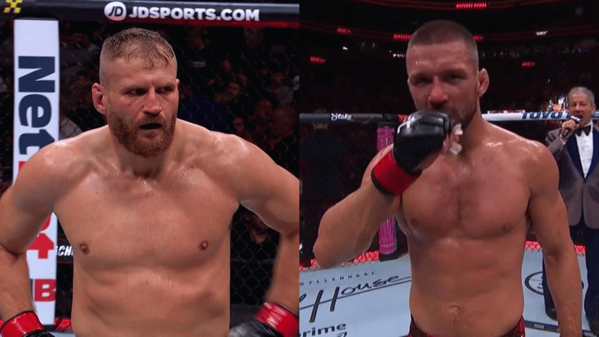 Dw&oacute;ch zawodnik&oacute;w MMA, jeden z rudą brodą, drugi wycierający pot, podczas gali UFC.