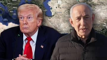 Donald Trump i Benjamin Netanjahu na tle mapy Bliskiego Wschodu.