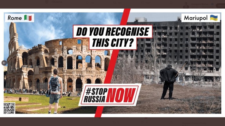 Wojna w Ukrainie. Polski billboard przed Koloseum w Rzymie. "Stop rosyjskiej masakrze"