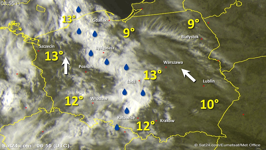 Zdjęcie satelitarne w dniu 23 kwietnia 2018 o godzinie 8:55. Dane: Sat24.com / Eumetsat.