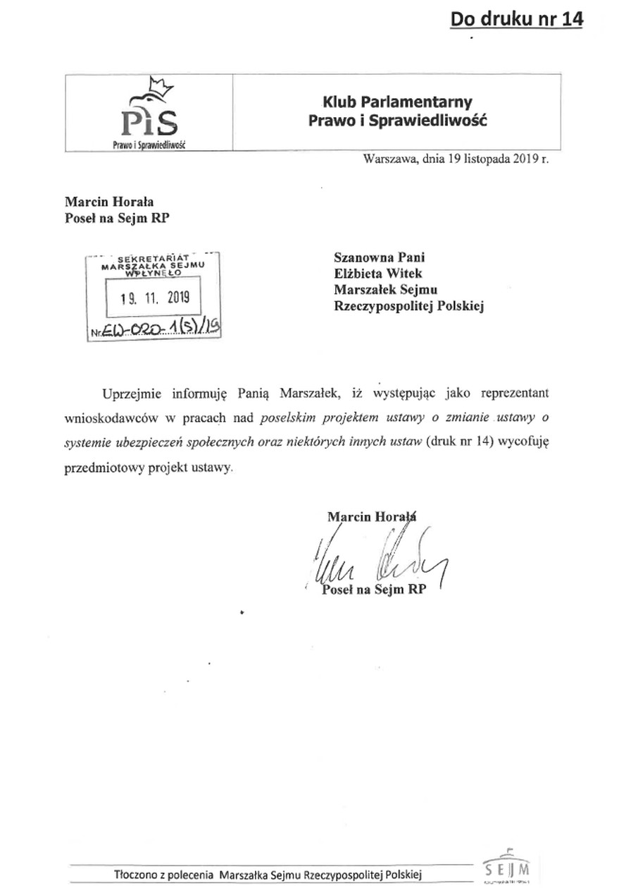 Marcin Horała wysłał pismo do marszałek Witek.