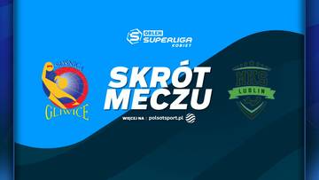 Logo PGE MKS El-Volt Lublin i Sośnica Gliwice oraz napis 'SKR&Oacute;T MECZU' na niebieskim tle.