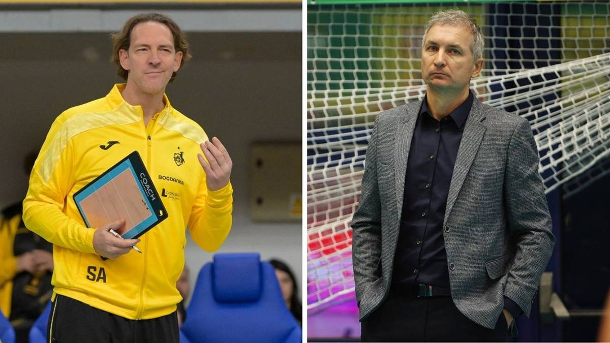 Dwóch trenerów siatkówki, jeden w żółtej kurtce, drugi w garniturze.