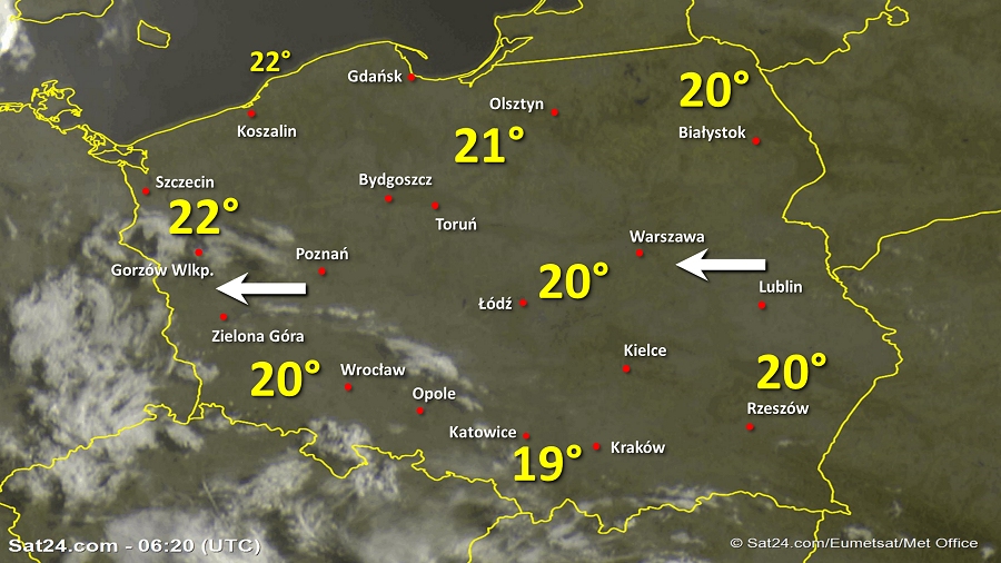 Zdjęcie satelitarne Polski w dniu 27 sierpnia 2019 o godzinie 8:20. Dane: Sat24.com / Eumetsat.