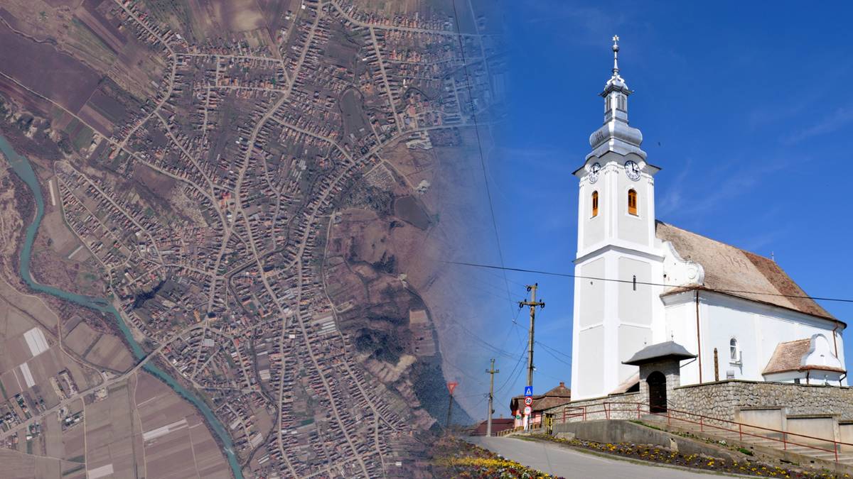 Fotomontaż przedstawiający po lewej stronie widok z lotu ptaka na miasto, a po prawej biały kości&oacute;ł z wysoką wieżą na tle błękitnego nieba.