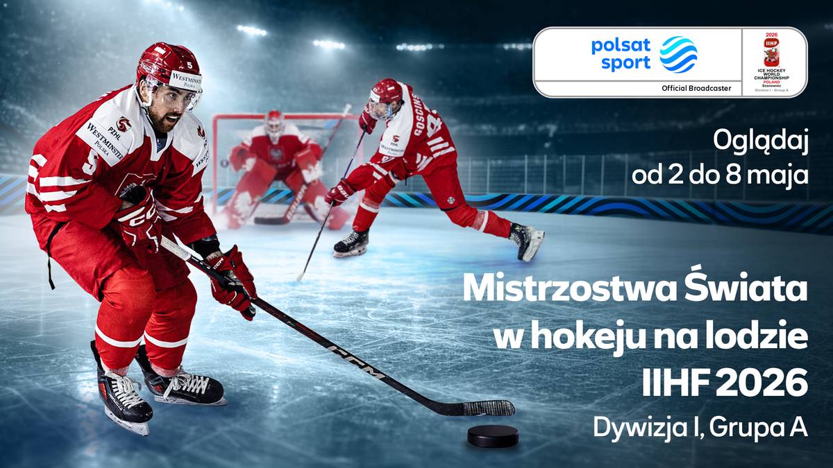 Hokeista w czerwonym stroju z numerem 12 na plecach, z kijem w ręku, zbliża się do bramki strzeżonej przez zawodnika w czerwonym stroju.