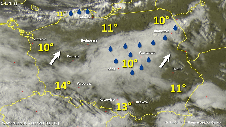 Zdjęcie satelitarne Polski w dniu 23 września 2018 o godzinie 9:20. Dane: Sat24.com / Eumetsat.