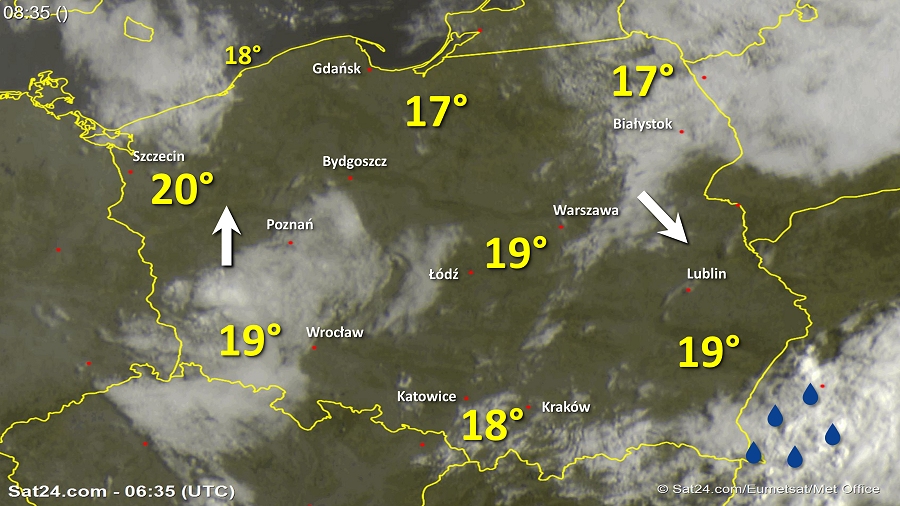 Zdjęcie satelitarne Polski w dniu 16 sierpnia 2018 o godzinie 8:35. Dane: Sat24.com / Eumetsat.