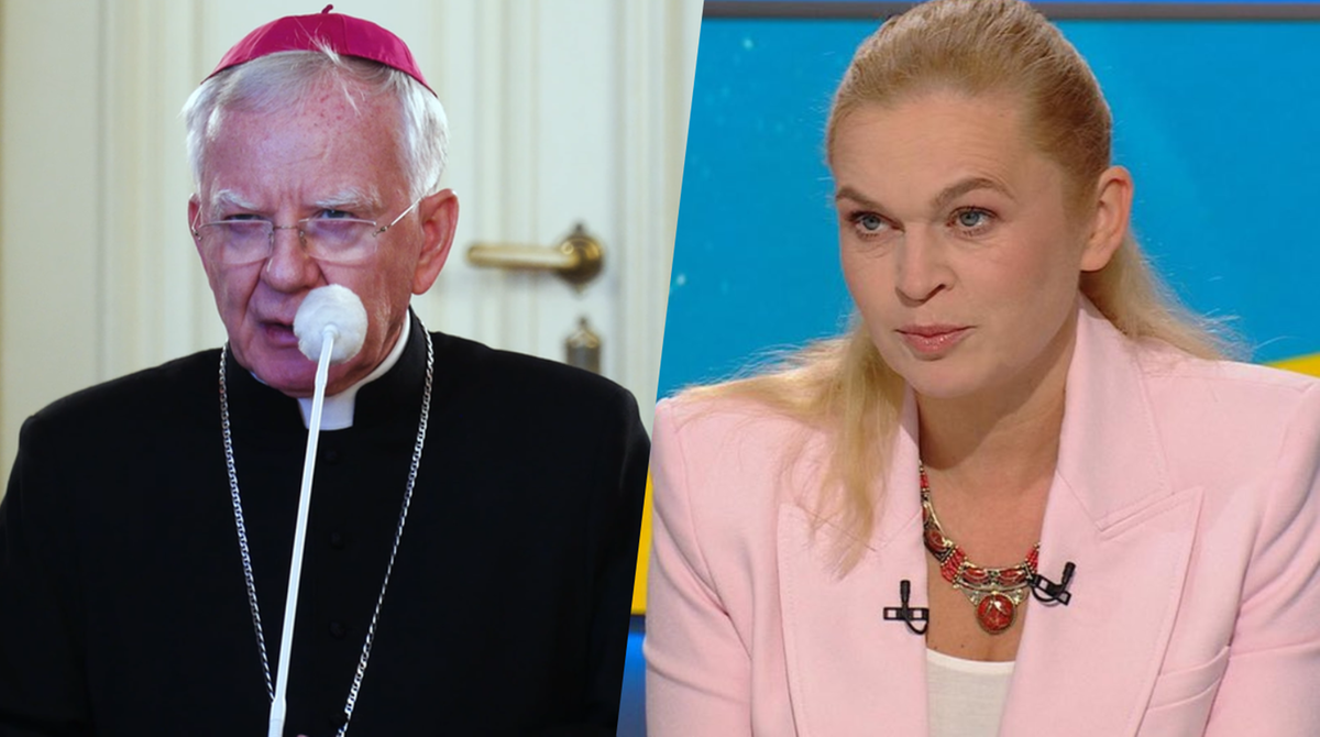 Zdjęcie przedstawia dw&oacute;ch duchownych, jednego m&oacute;wiącego do mikrofonu, a drugiego patrzącego wprost.
