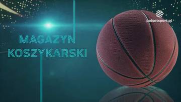 Piłka do koszyk&oacute;wki na ciemnym tle z neonowymi elementami graficznymi i napisem "Magazyn Koszykarski".