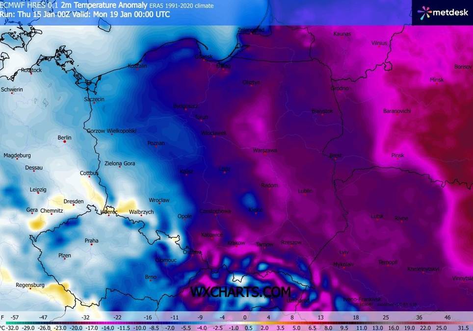 Prognoza temperatur wskazuje na anomalie, z różnicami zależnymi od regionu Polski