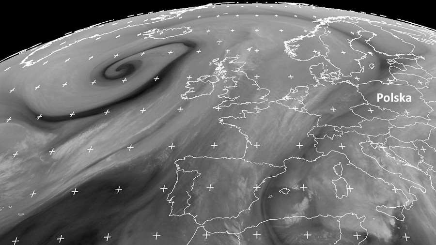 Zdjęcie satelitarne Europy i Atlantyku w dniu 3 listopada 2018 o godzinie 9:00. Dane: Eumetsat.