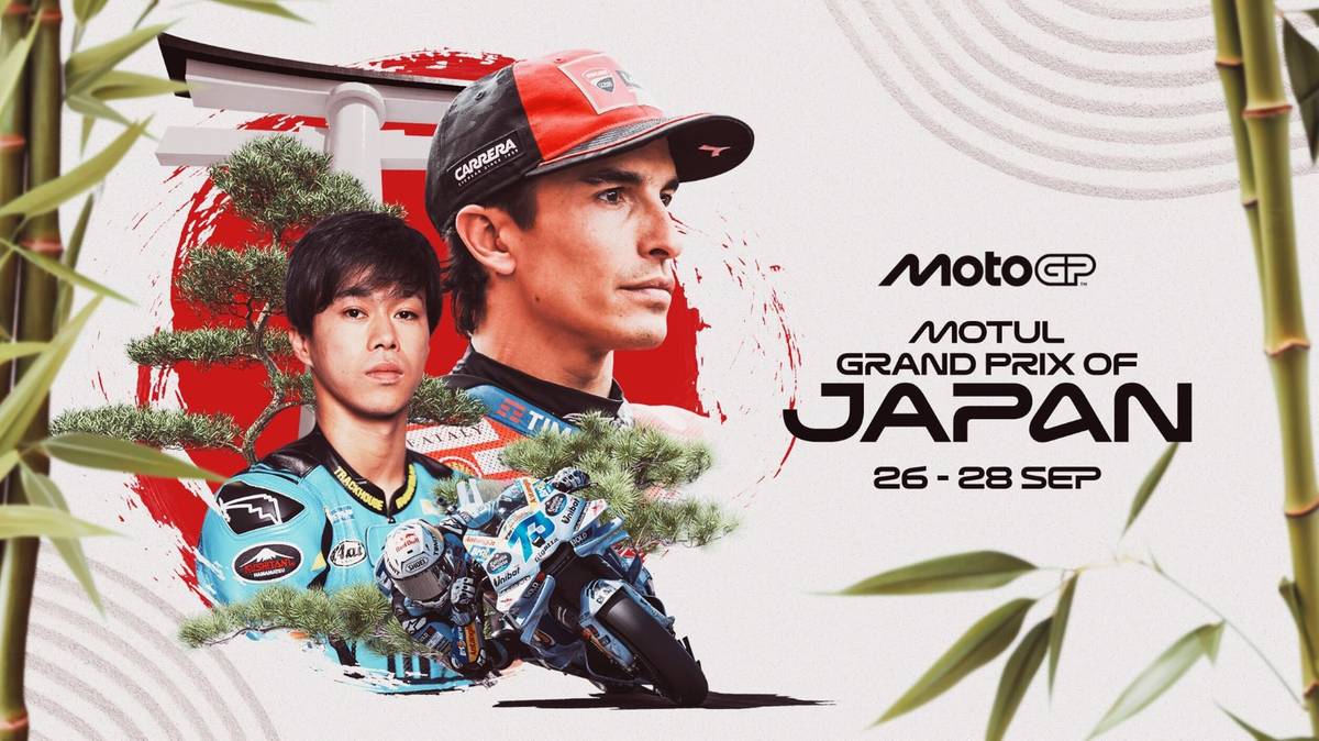 Portret Marca Marqueza i młodego zawodnika MotoGP z Japonii, na tle flagi Japonii i symboli związanych z wyścigami motocyklowymi.