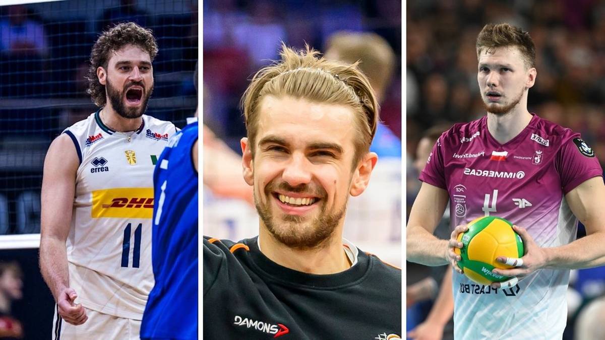 Trzy portrety siatkarzy podczas meczu. Pierwszy mężczyzna w białej koszulce z numerem 11 krzyczy. Drugi mężczyzna uśmiecha się. Trzeci mężczyzna w bordowej koszulce trzyma piłkę do siatkówki.