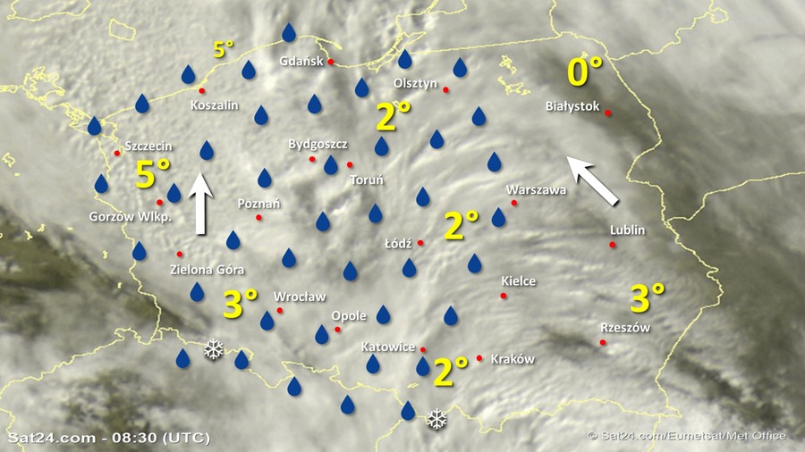 Zdjęcie satelitarne Polski w dniu 28 stycznia 2020 o godzinie 9:30. Dane: Sat24.com / Eumetsat.