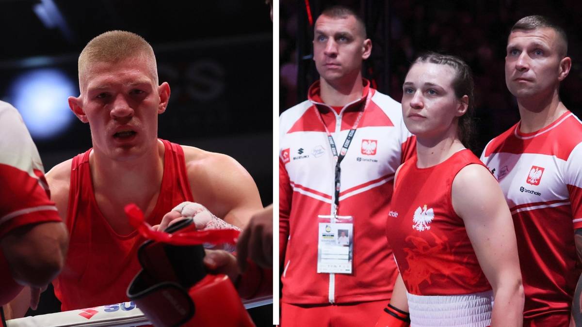 Dwóch polskich bokserów w czerwonych strojach, jeden z nich jest w ringu, skupiony i lekko posiniaczony, a drugi stoi obok z partnerami z drużyny.