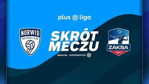 Grafika promująca skrót meczu siatkówki pomiędzy drużynami Norwid Częstochowa a ZAKSA Kędzierzyn-Koźle. Widoczne logotypy obu klubów oraz napis "SKRÓT MECZU".