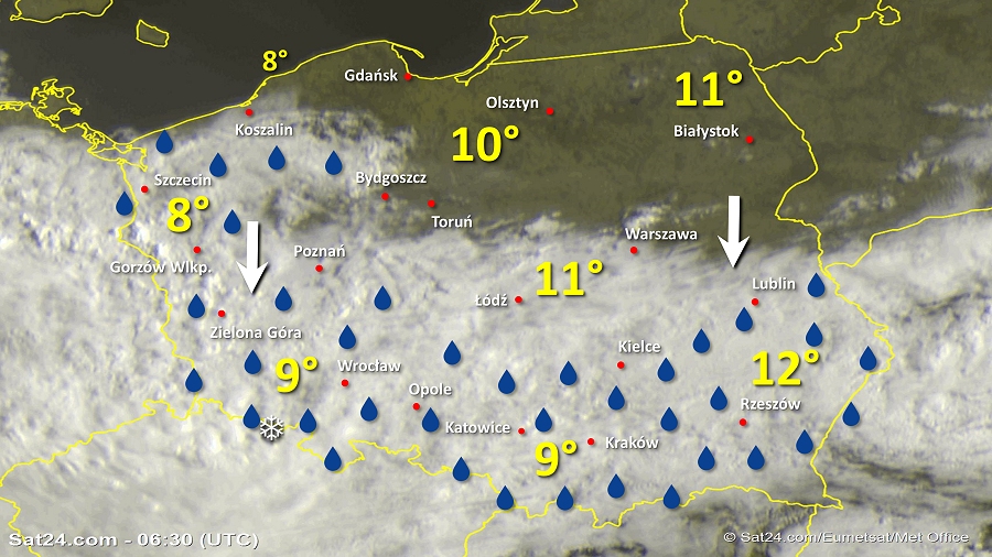 Zdjęcie satelitarne Polski w dniu 29 kwietnia 2019 o godzinie 8:30. Dane: Sat24.com / Eumetsat.