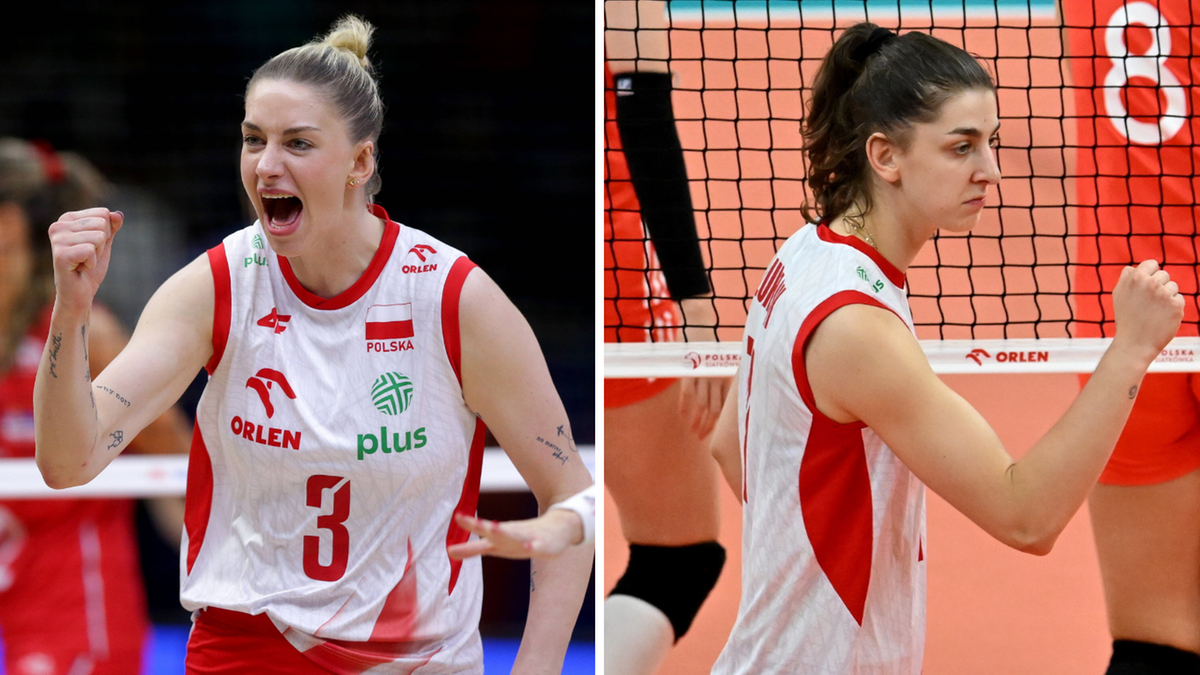 Dwóch siatkarek w biało-czerwonych strojach z orłem i napisem "POLSKA". Po lewej siatkarka z numerem 3 na koszulce krzyczy z zaciśniętą pięścią. Po prawej drugiej siatkarce widać połowę twarzy i prawą rękę z zaciśniętą pięścią.