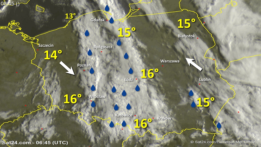 Zdjęcie satelitarne Polski w dniu 8 września 2018 o godzinie 8:45. Dane: Sat24.com / Eumetsat.