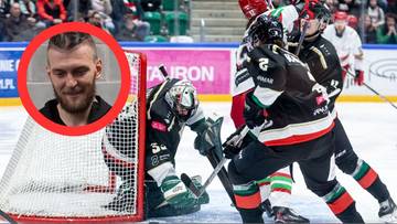 Portret Tomasza Fucika w okręgu obok sceny z meczu hokejowego z bramkarzem w akcji.