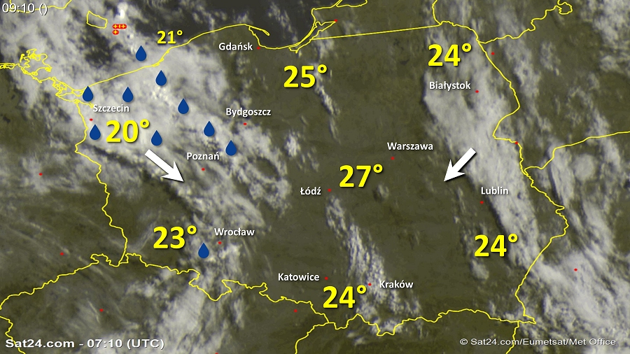 Zdjęcie satelitarne Polski w dniu 29 lipca 2018 o godzinie 9:20. Dane: Sat24.com / Eumetsat.