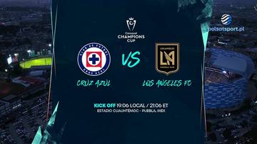 Logo Cruz Azul po lewej stronie, logo Los Angeles FC po prawej. Pośrodku napis "VS" i logo "Champions Cup". Poniżej nazwy drużyn, a pod nimi informacja o rozpoczęciu meczu "KICK OFF 19:06 LOCAL / 21:06 ET" oraz "ESTADIO CUIJNTEMOC - PUEBLA, MEX".
