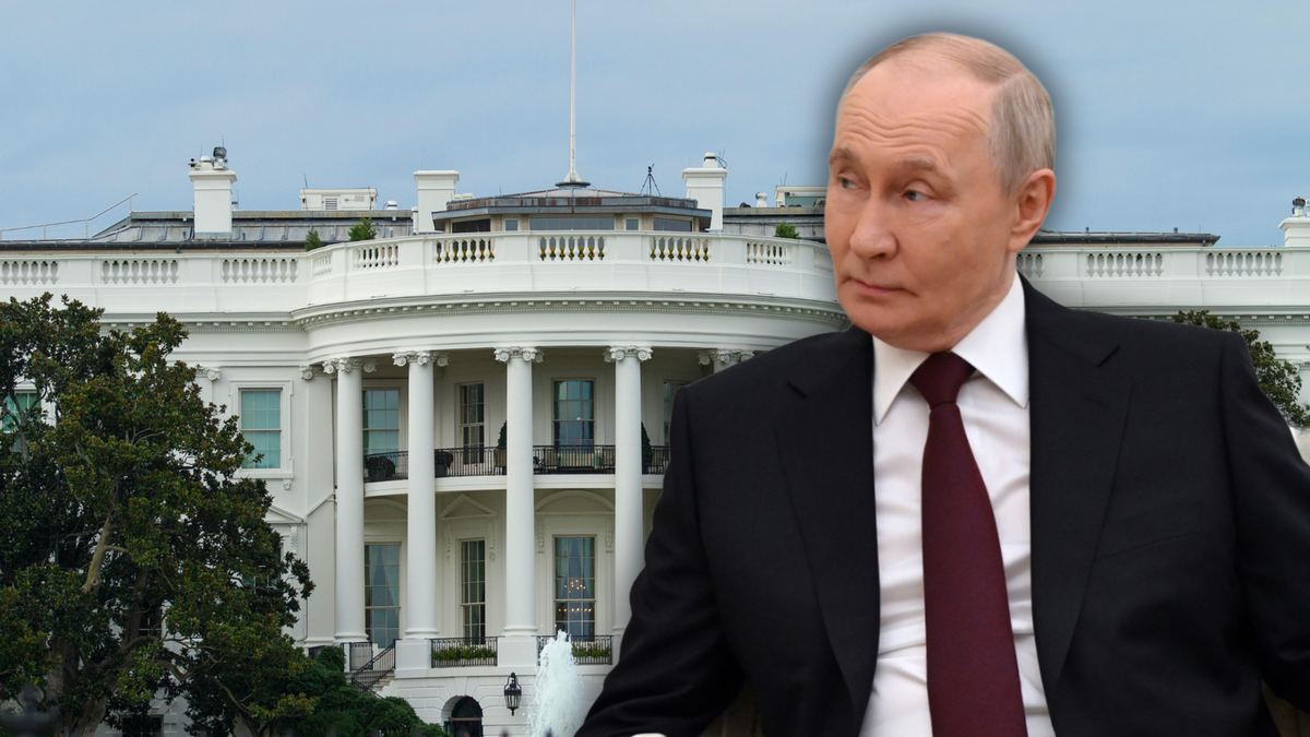Władimir Putin na tle Białego Domu.