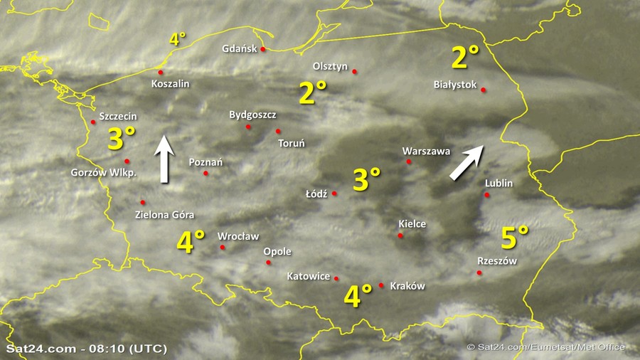 Zdjęcie satelitarne Polski w dniu 16 grudnia 2019 o godzinie 9:10. Dane: Sat24.com / Eumetsat.