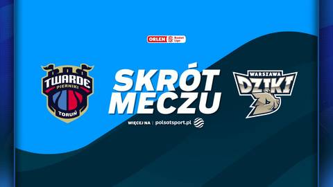 Grafika z napisem "SKR&Oacute;T MECZU" i logotypami drużyn koszykarskich Arriva Twarde Pierniki Toruń oraz Dziki Warszawa.